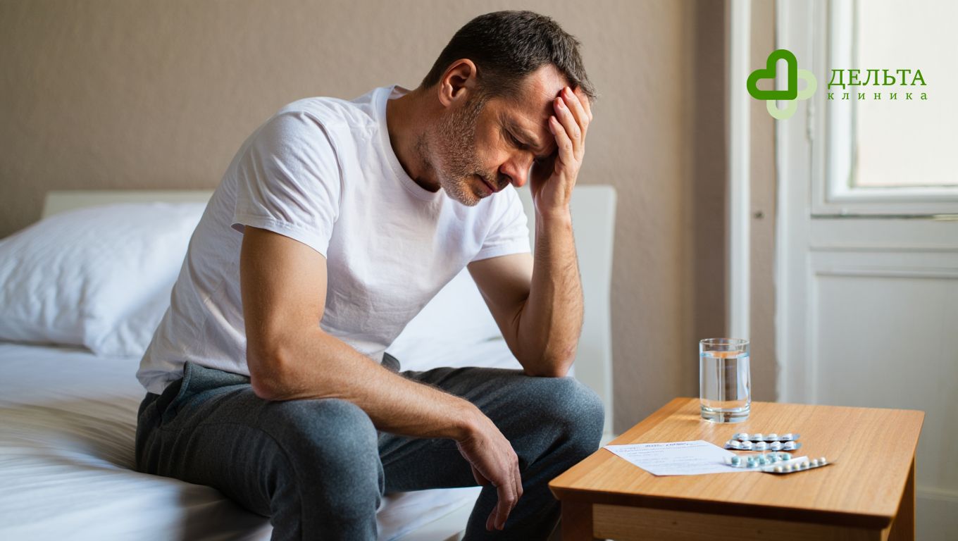 Мужчина держится рукой за голову