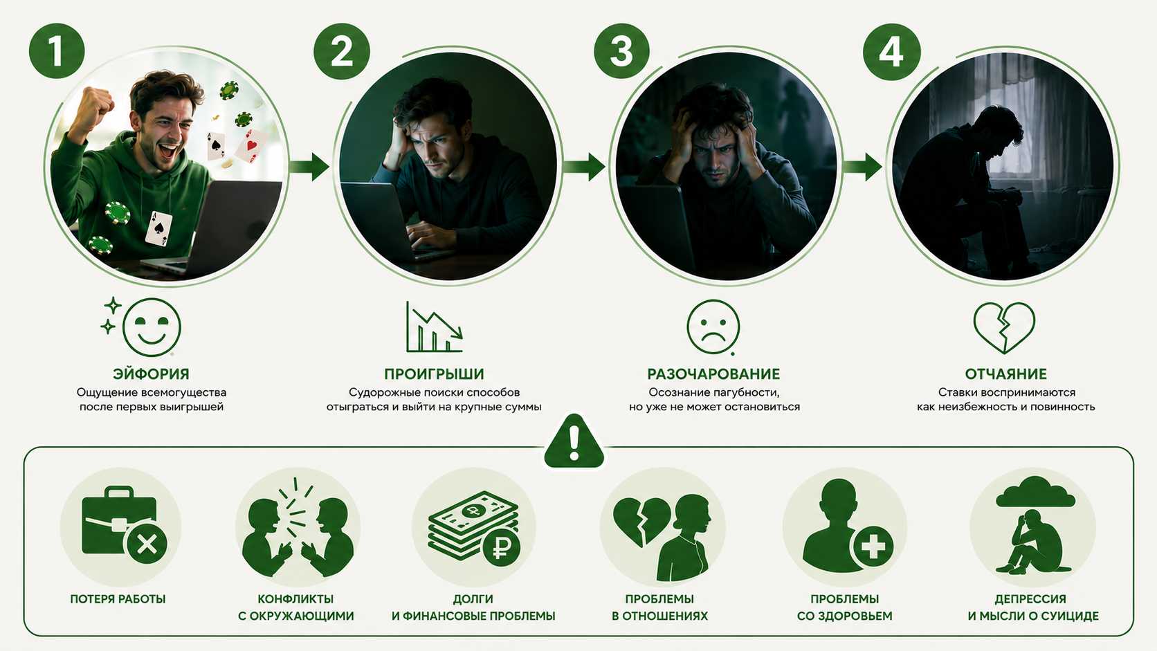 Схема четырех стадий развития игровой зависимости: эйфория после первых выигрышей, проигрыши и попытки отыграться, разочарование, отчаяние и безнадежность, а также основные последствия зависимости.
