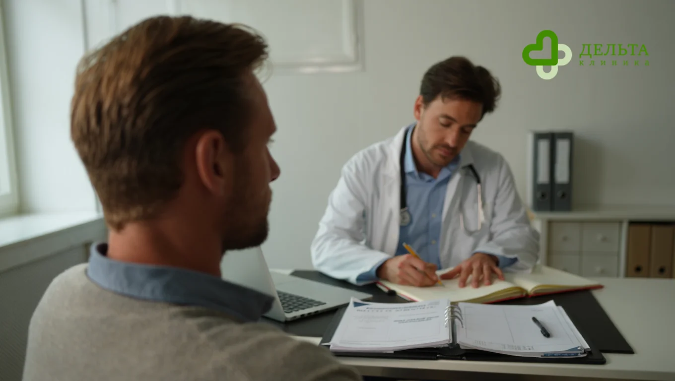 Мужчина на плановом амбулаторном приёме — стабильность и поддержка